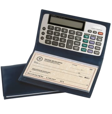 Enlarged view of black leather checkbook cover with calculator