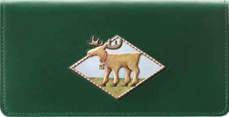 This forest green leather checkbook cover, licensed by Debbie Mumm, features a full-color moose decal on the front.