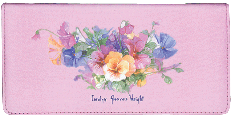 This leather cover has an bouquet of colorful pansies created by artist Carolyn Shores Wright.
