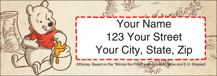 Share all the fun and friendship of the Hundred Acre Wood with Disneys Winnie the Pooh labels featuring Pooh, Piglet, Eeyore and Tigger on these address labels. Also available in coordinating checks and checkbook cover.