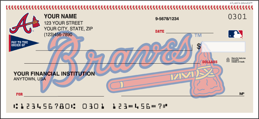 Major League Baseball checks make every day opening day when you open your checkbook and see the logo of the Atlanta Braves prominently displayed. Not available in Puerto Rico. Order your Major League Baseball checks today!