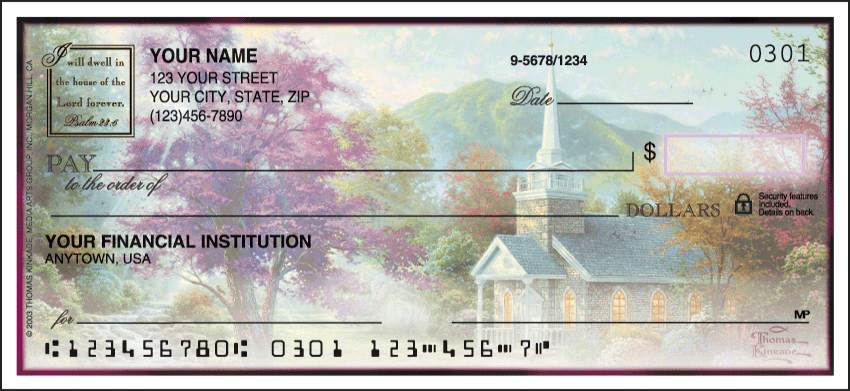 Now available with the convenience of side tear! Four serene country church scenes by Thomas Kinkade make up this tranquil check design. Each image is accompanied by Psalm 23:6; "I will dwell in the house of the Lord forever." Coordinating return address labels and checkbook cover are available.