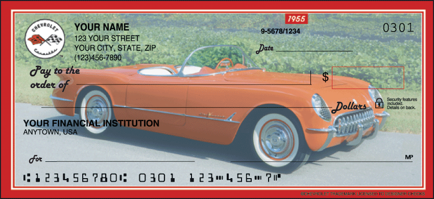 The most popular American-made sports car is the Corvette and these checks have been specially designed to feature 8 different models that span four decades of production.  Coordinating return address labels and checkbook cover are available.