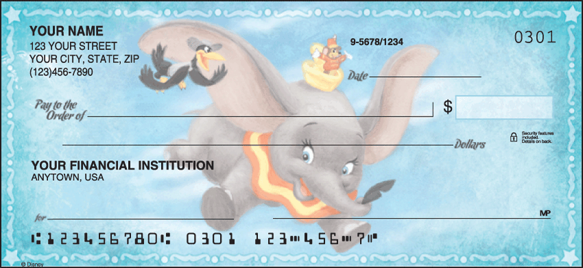 These beautifully illustrated checks are specially designed with 8 rotating scenes to showcase your favorite classic Disney movies including: Alice In Wonderland, Dumbo, The Jungle Book, Pinocchio, Lady and the Tramp, Peter Pan, Bambi and The Aristocats. Coordinating return address labels and checkbook cover are available.