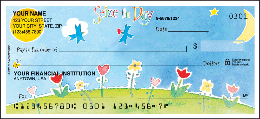 Now available with the convenience of side tear! Lighthearted and whimsical Kathy Davis art is featured, enhanced by some of her favorite phrases: Seize the Day, Scatter Joy, Celebrate the present, for it is precious, and Spread Sunshine. Coordinating return address labels and checkbook cover available.