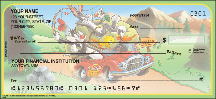 These Looney Tunes checks have been specially designed with 8 rotating scenes to capture all yourfavorite Looney Tunes characters in fun and playful scenes. Bugs Bunny, Sylvester, Taz,Tweety and more bring these Looney Tunes checks to life. Coordinating return address labels and checkbook cover are available.