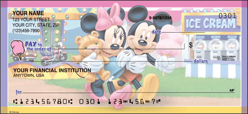 These specially designed 8 rotation checks allow you to join in the fun with Mickey Mouse and his pals at the country fair and in the surf at the sandy beach.   Coordinating return address labels and checkbook cover are available.