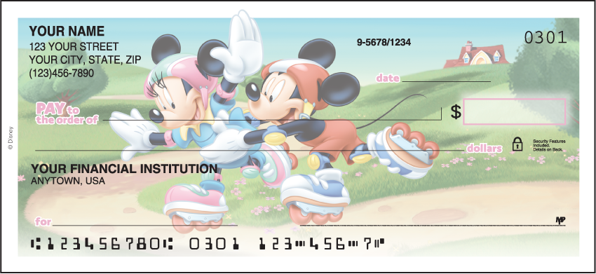 Now available with the convenience of side tear!   Join the fun with these checks featuring Mickey and his pals in these fun-filled scenes.  Coordinating return address labels and checkbook cover available.