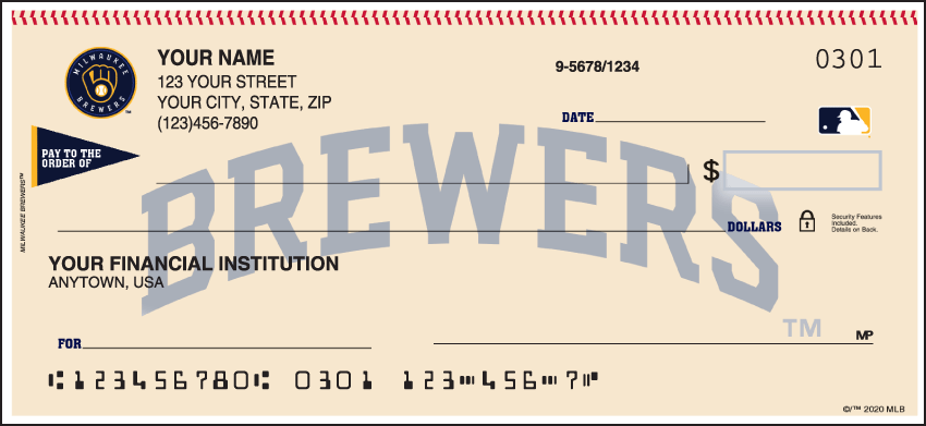 Major League Baseball checks make every day opening day when you open your checkbook and see the logo of the Milwaukee Brewers prominently displayed. Not available in Puerto Rico. Order your Major League Baseball checks today!