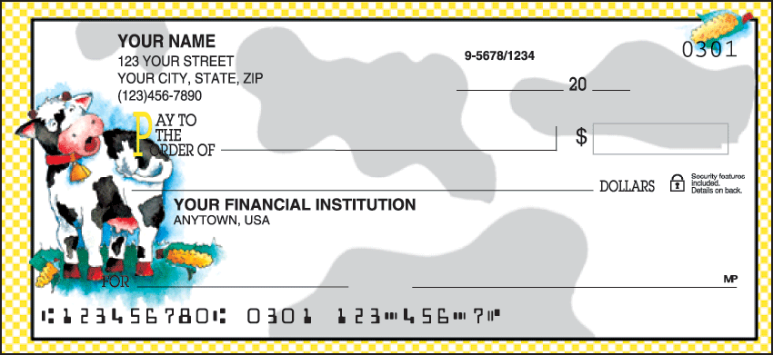 A fun-loving brightly checked border frames a cowhide background for this check design featuring comical cow characters. Coordinating address labels and checkbook cover are available.