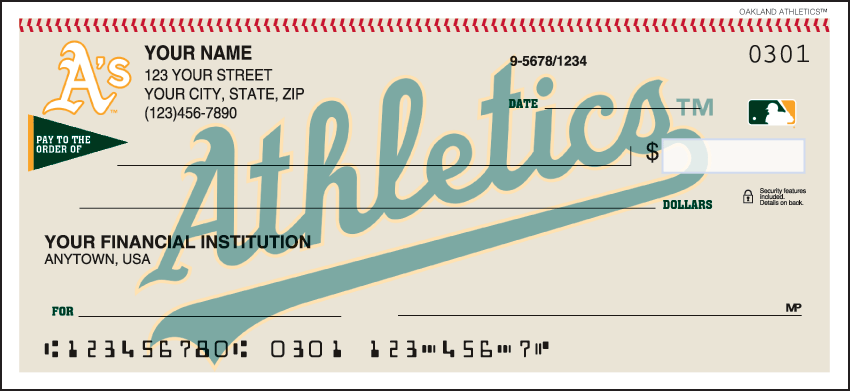 Major League Baseball checks make every day opening day when you open your checkbook and see the logo of the Oakland Athletics prominently displayed. Not available in Puerto Rico. Order your Major League Baseball checks today!