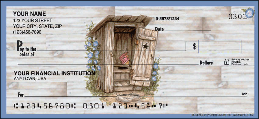 The well-worn path to the old country outhouse is overgrown with wildflowers as depicted on these delightful checks featuring a background of weather-worn barn wood.  Coordinating return address labels are available.