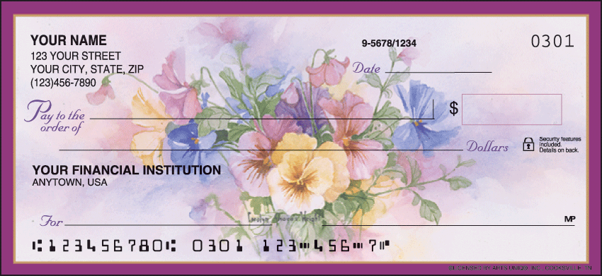 An array of colorful pansies bloom in these bouquets created by artist Carolyn Shores Wright. Coordinating address labels and checkbook cover are available.