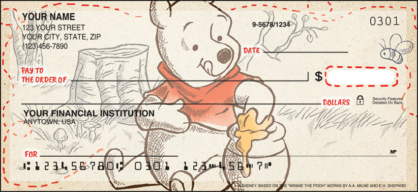 Share all the fun and friendship of the Hundred Acre Wood with Disneys Winnie the Pooh Checks featuring Eeyore, Tigger, Piglet and Pooh to your wallet. Coordinating  checkbook covers also available.