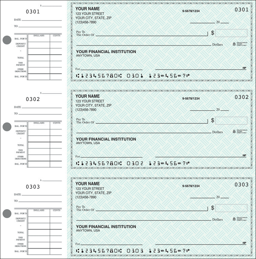 Desk Set Checks are ideal for anyone who wants the convenience of 3-on-a-page checks plus attached stubs for record-keeping. Each individual wallet-sized check is 6" x 2-3/4" and the overall sheet size is 8-1/8" x 8-1/4".