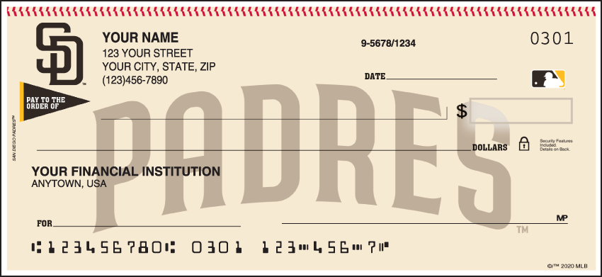 Major League Baseball checks make every day opening day when you open your checkbook and see the logo of the San Diego Padres prominently displayed. Not available in Puerto Rico. Order your Major League Baseball checks today!