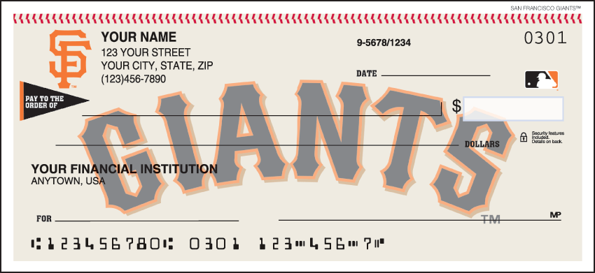 Major League Baseball checks make every day opening day when you open your checkbook and see the logo of the San Francisco Giants prominently displayed. Not available in Puerto Rico. Order your Major League Baseball checks today!