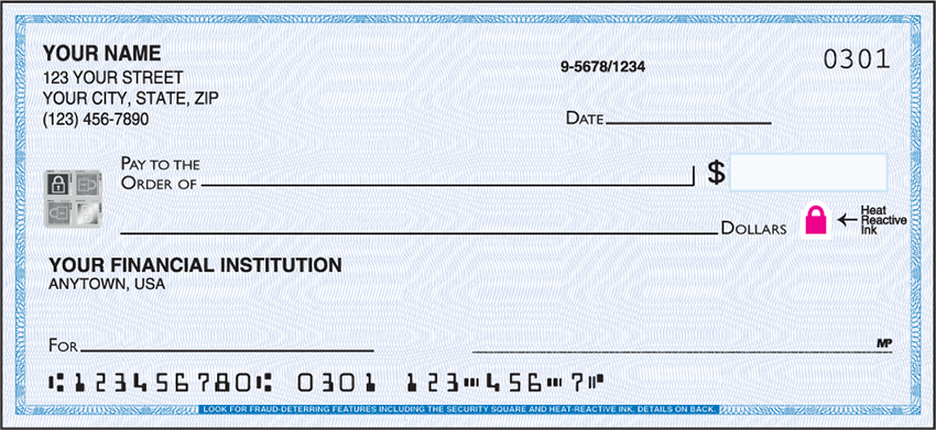 Simple, traditional and secure, just the way your checks should be. This option incorporates a hologram on your checks, which is a reflective image that cannot be reproduced, photocopied or removed. It is also a highly visible indicator that your checks are authentic. Printed on recycled paper.