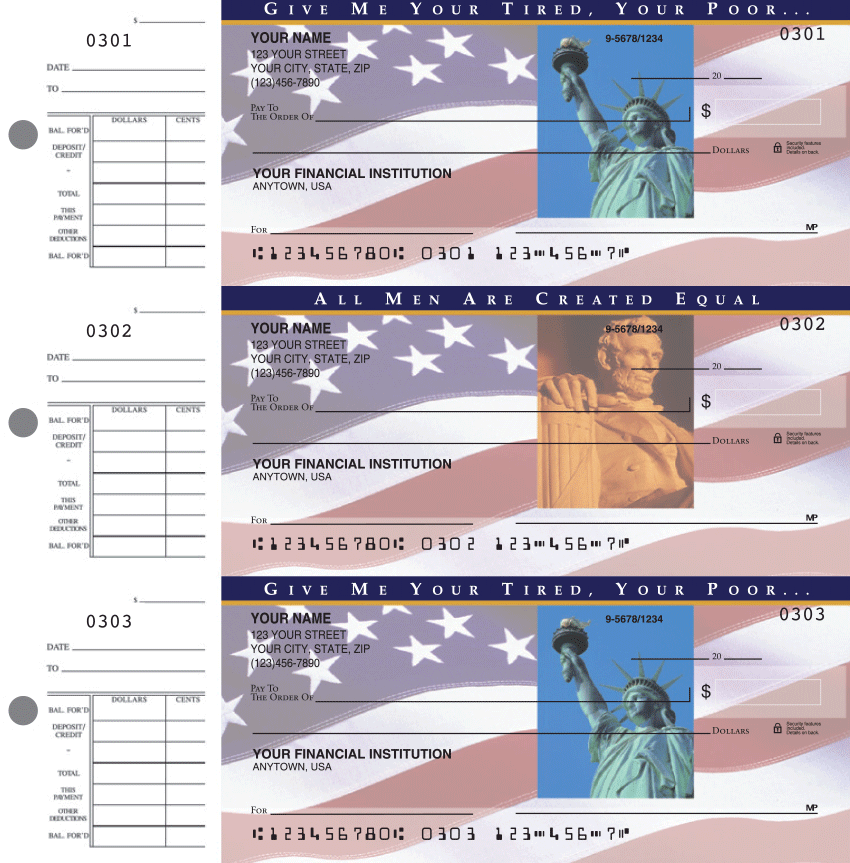 Desk Set Checks are ideal for anyone who wants the convenience of 3-on-a-page checks plus attached stubs for record-keeping. Each individual wallet-sized check is 6" x 2-3/4" and the overall sheet size is 8-1/8" x 8-1/4".