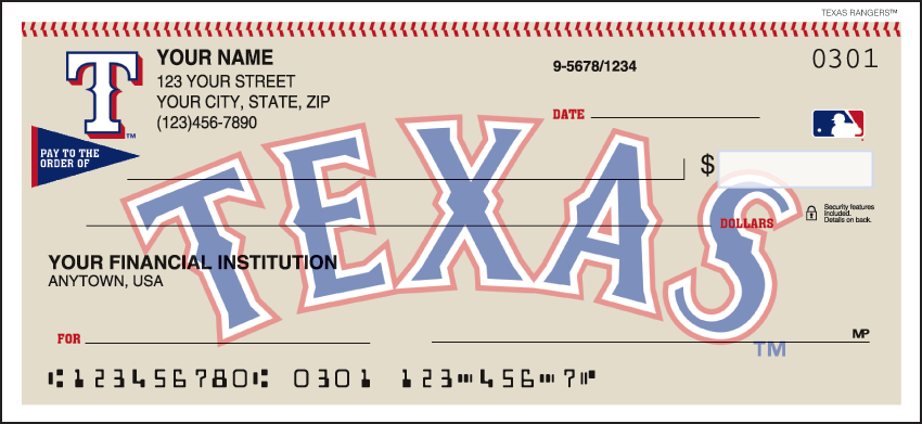 Major League Baseball checks make every day opening day when you open your checkbook and see the logo of the Texas Rangers prominently displayed. Not available in Puerto Rico. Order your Major League Baseball checks today!