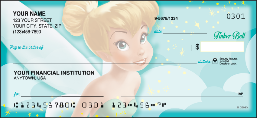 If you are looking to add a sprinkle of personality to your checks, look no further than this Disney Fairy. Tinker Bell checks display her ever-entertaining mood in four vibrant colors. Designer Checks also has Tinker Bell on coordinating return address labels!