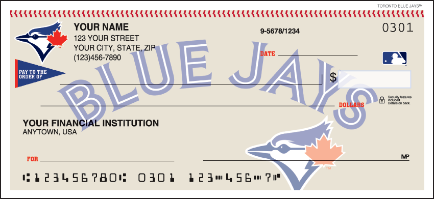 Major League Baseball checks make every day opening day when you open your checkbook and see the logo of the Toronto Blue Jays prominently displayed. Not available in Puerto Rico. Order your Major League Baseball checks today!