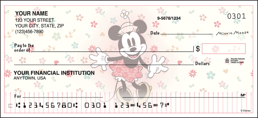 Vintage Minnie Mouse checks are just as sweet as her personality! Available in a rotation of four iconic designs, we also offer a checkbook cover featuring Vintage Mickey and Minnie dancing together.