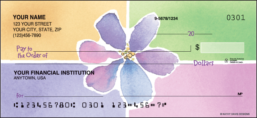 Big and bold violets, sunflowers, tulips, and mums are centered on colorful watercolor blocks illustrated by artist Kathy Davis.  Coordinating return address labels, checkbook cover and note cards available.
