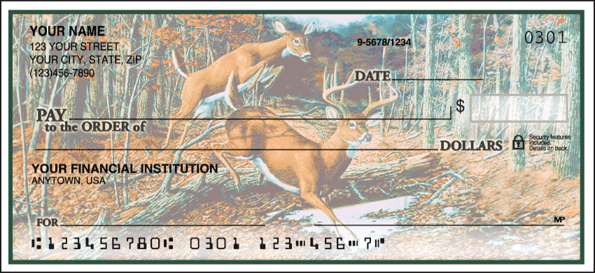 Now available with the convenience of side tear! Woodland scenes provide the perfect settings to capture duck, white-tailed deer, or elk on these beautifully illustrated checks. Coordinating address labels and checkbook cover are available.